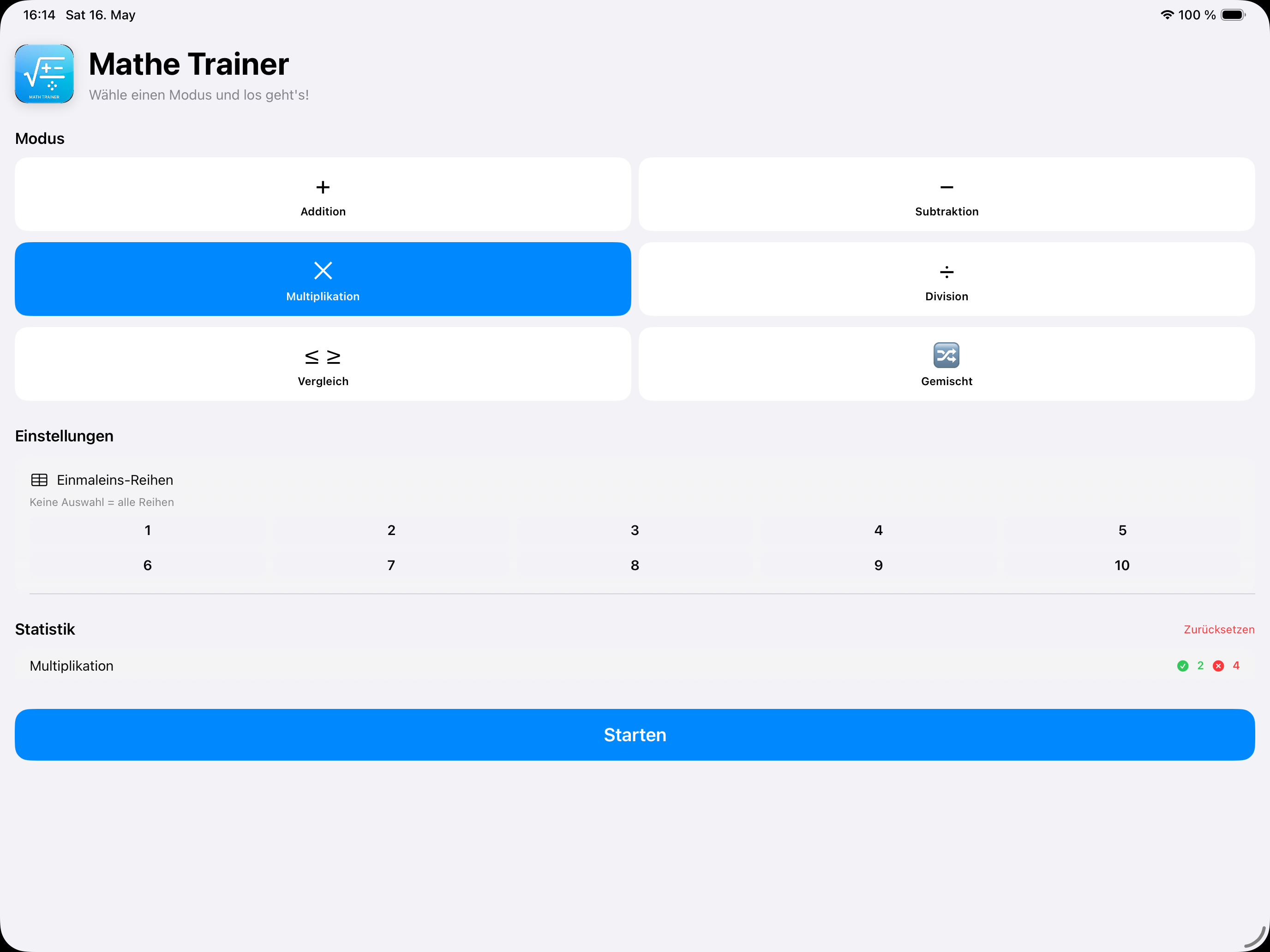 Mathe Trainer auf iPad